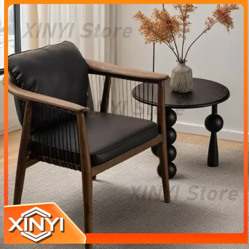 Luxury Wabi-Sabi Single Sofa Chair for Living Room Hostel Hotel Reception Use Solid Wood Iron Frame Leather Upholstery