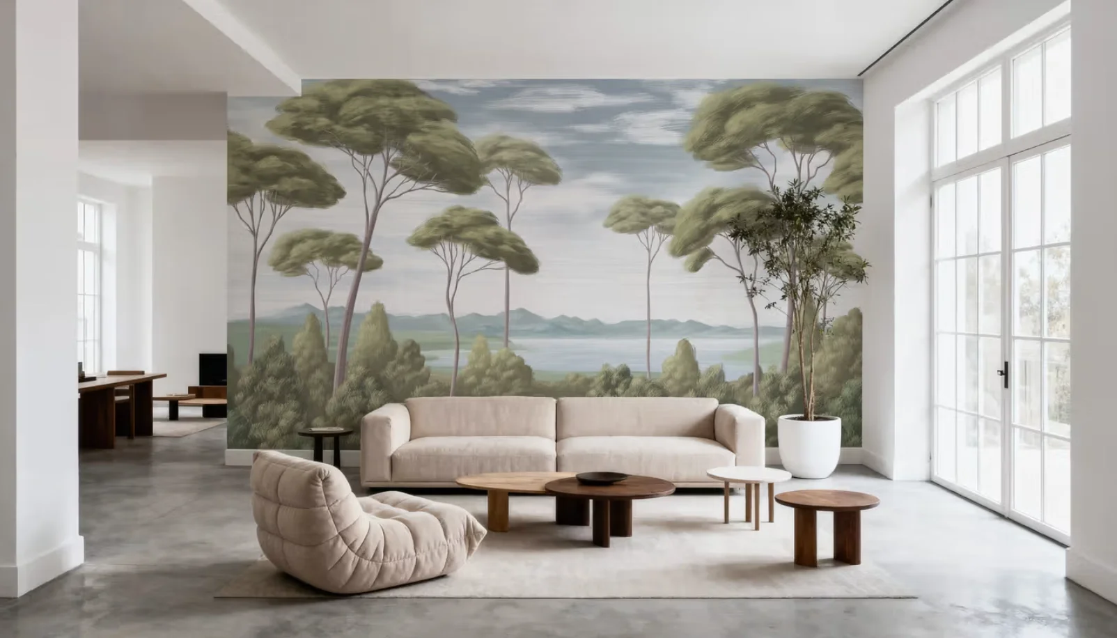 Customized mural painting with hand-painted tall trees, glacier blue, beige, gray oil painting effects, wallpaper decoration