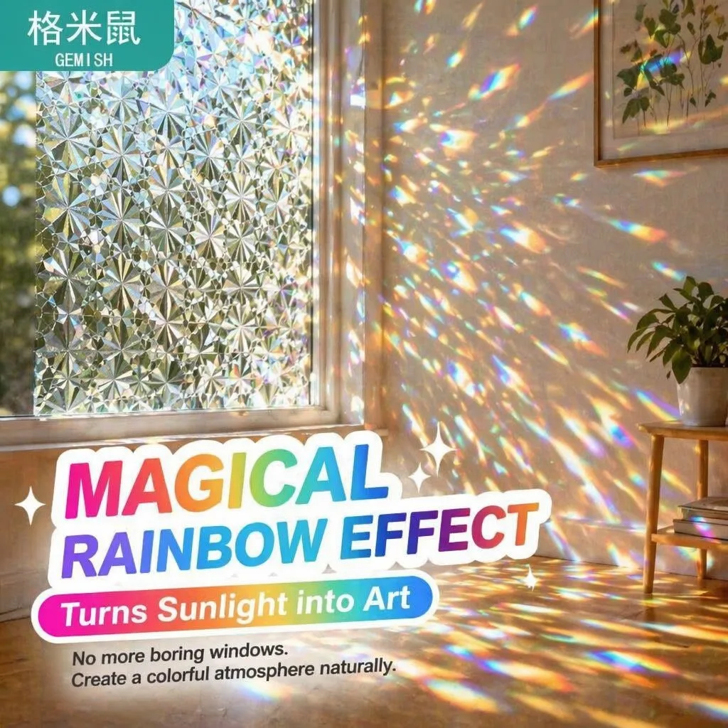 Diamond Pattern Iridescent Window Film Translucent 3D Refractive Static Cling for Cafe Office Kitchen Living Room Glass