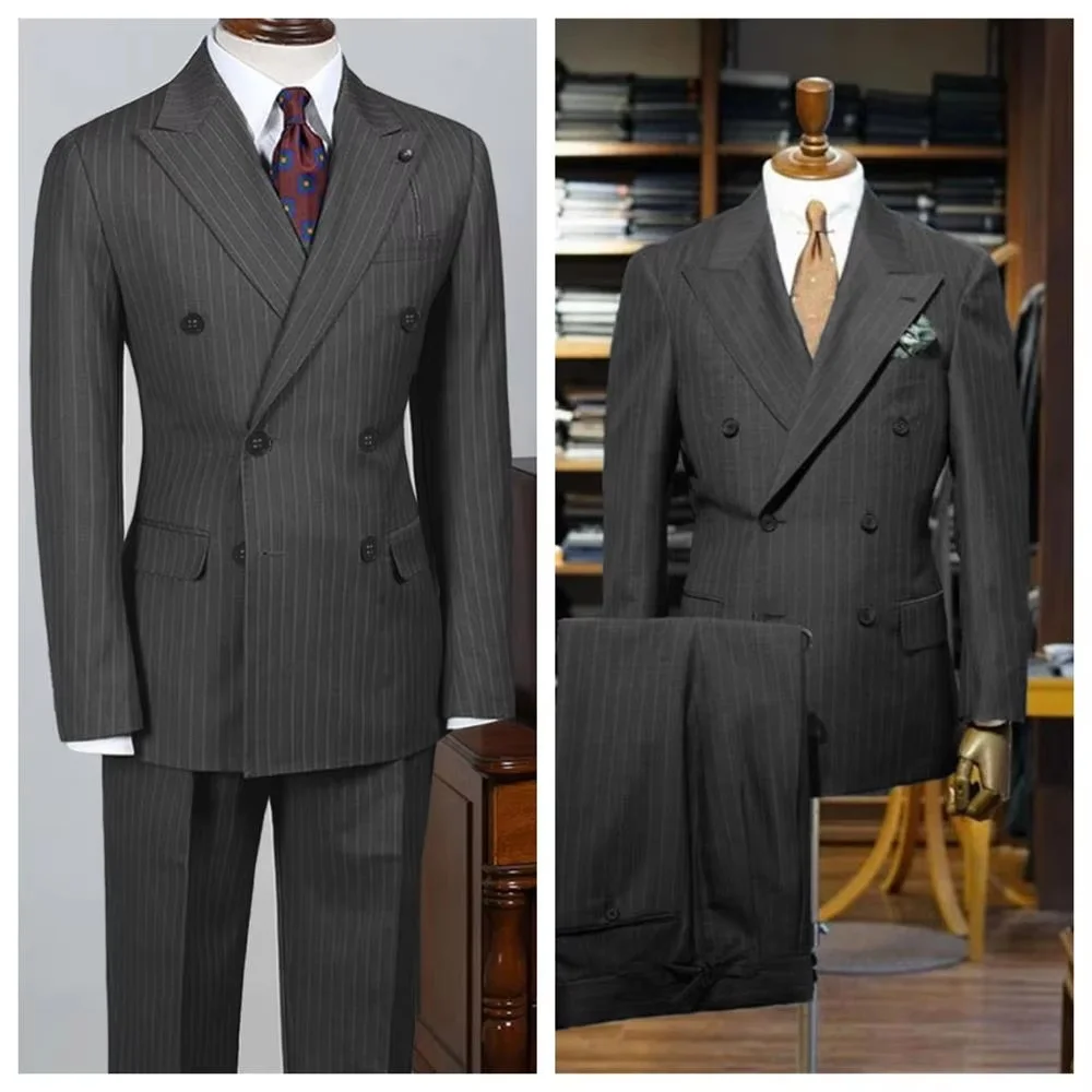 

Gray Striped Men's Suit 2 Piece Set Man double-breasted Slim Fit Business Formal suit Casual Suit Jacket Pants