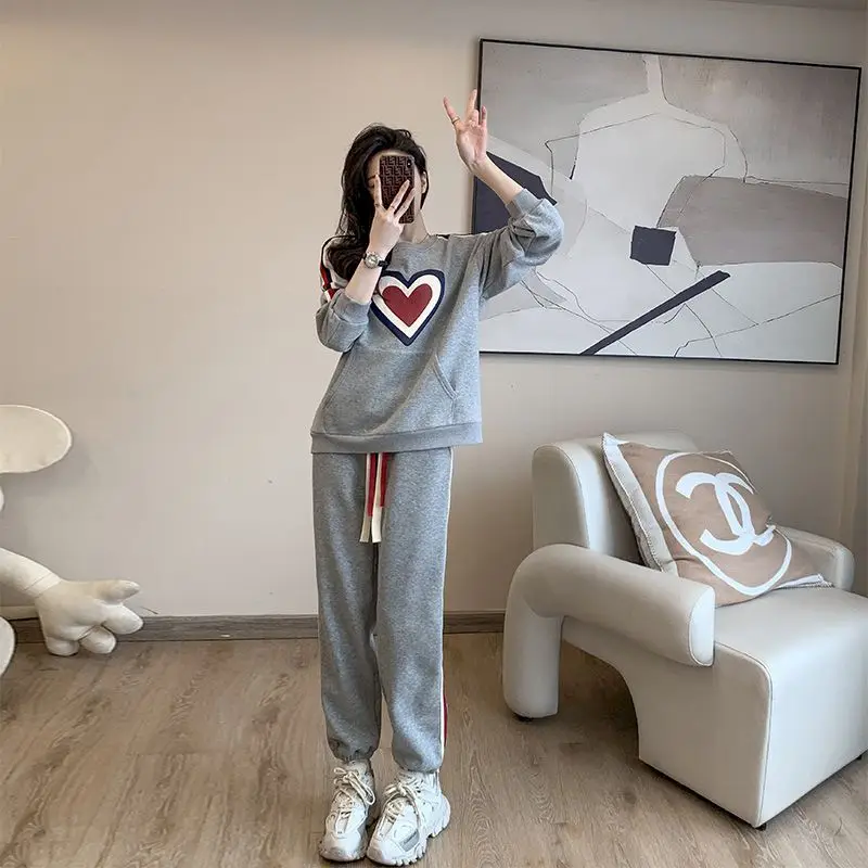 Womens Sets Grey Plush Sports Casual Suits Fashion Fried Street Sweatshirt and Sweatpant Two Piece Set Autumn Winter Trend Suit