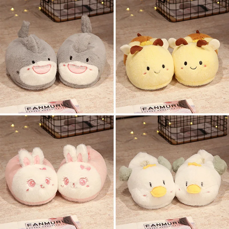 4 Style Anime Plush Slippers Indoor Warm Winter Fullcovered Cartoon Bunny Rabbit Shark Bee Duck Shoes Home Women Slipper