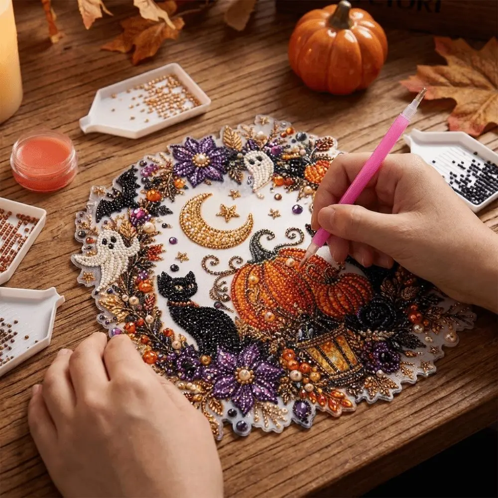 Acrylic Halloween Diamond Painting Kit Round Black Cat Ghost Sun Catcher with Hanging Chain Sparkling Autumn Wreath Ornament
