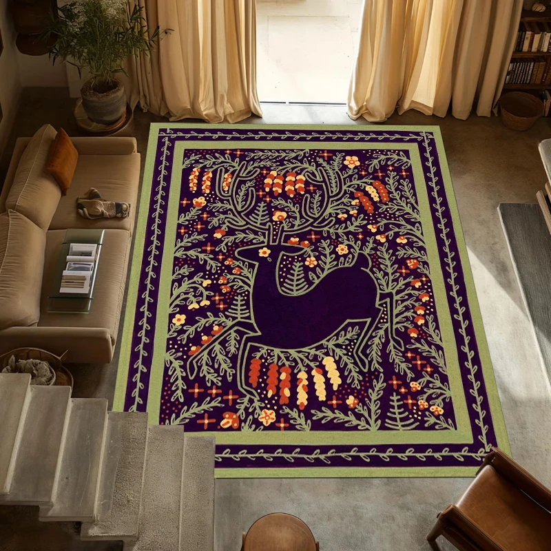 Folk Art Deer Floral Printed Area Rug Anti Slip Floor Mat Home Decor for Living Room Bedroom Cottage Interior