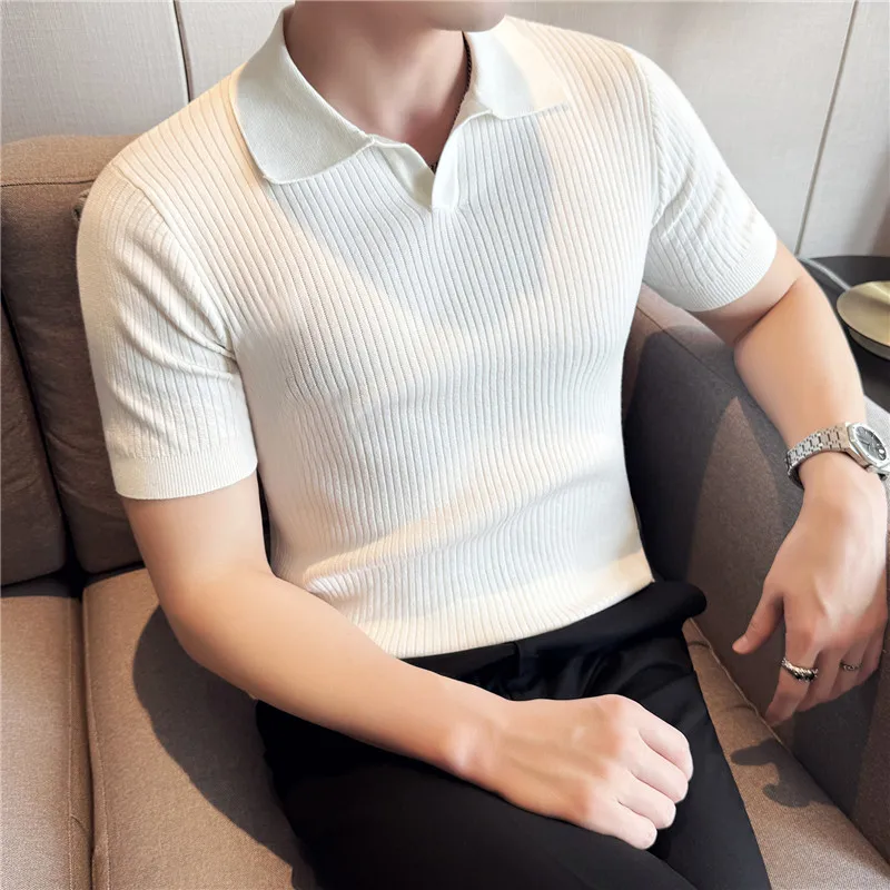 

High Stretch Men Striped Knitted Polo Shirt Short Sleeved Summer Light and Thin Slim Fit Top Solid Casual T-shirt Men Clothing