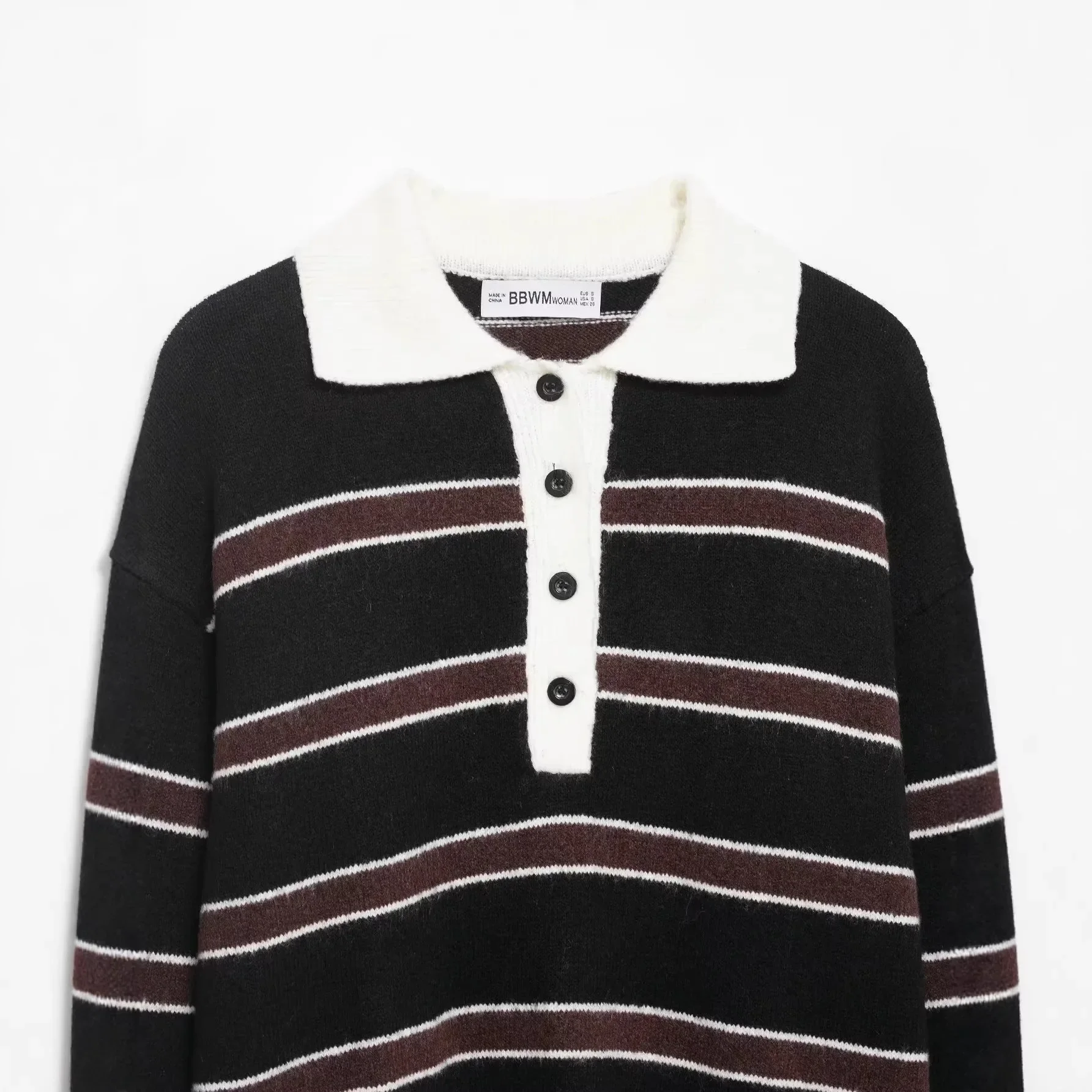 Bild 4: Neuer Modischer Damen Vielseitiger Einfacher Stil Gestreifter POLO-Kragen Strickpullover Street-Trend Basic Locker Sitzender Langarm-Pullover