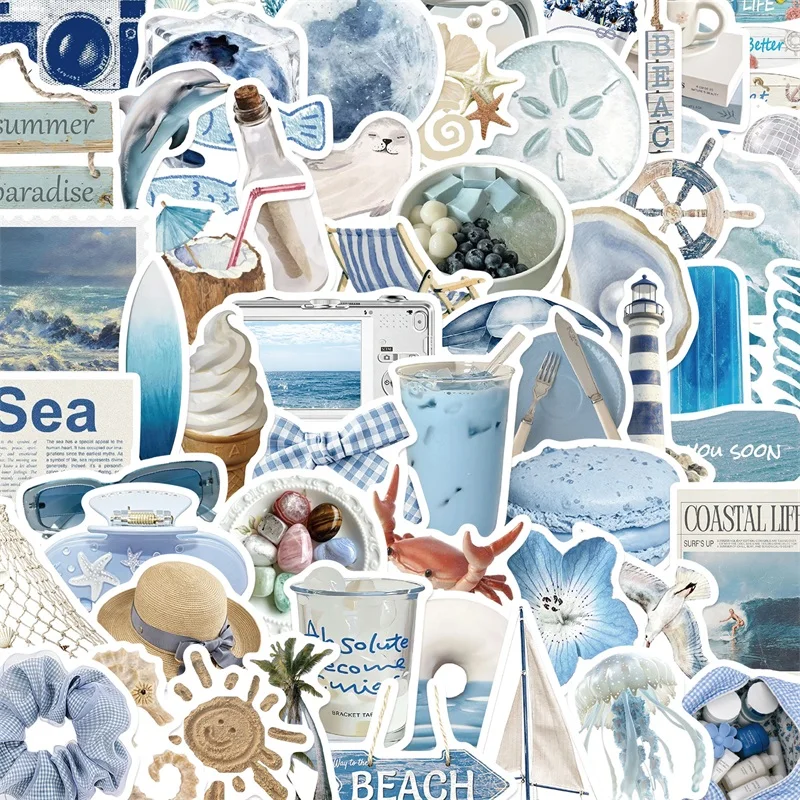 50PCS INS Light Blue Seaside Sticky PVC Sticker DIY Laptop Luggage Skateboard Colored Decoration Stationery Scrapbooking