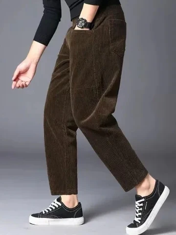 

High Waist Thiened Elastic Cotton Corduroy Harlan Pants Casual Loose Mom Pants Commute Sle Straight Leg Seven/Nine Pants