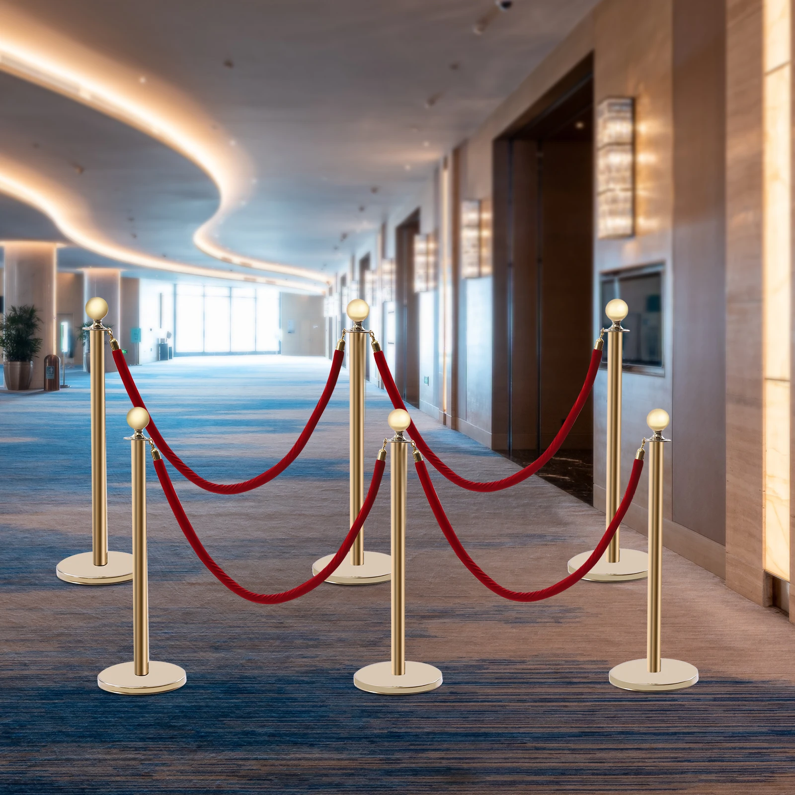 Crowd Control Bollard,Polished Stainless Steel Guardrail, Protective Barrier,5ft Deep Red Velvet Rope, Rust-proof and Waterproof