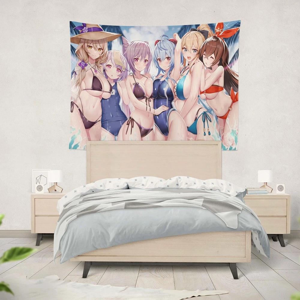 Customized Genshin Impact Wall Tapestry Kawaii Anime Room Decor Japanese Hanging Flag Fabric Cloth Anime Poster Hutao Venti Sayu