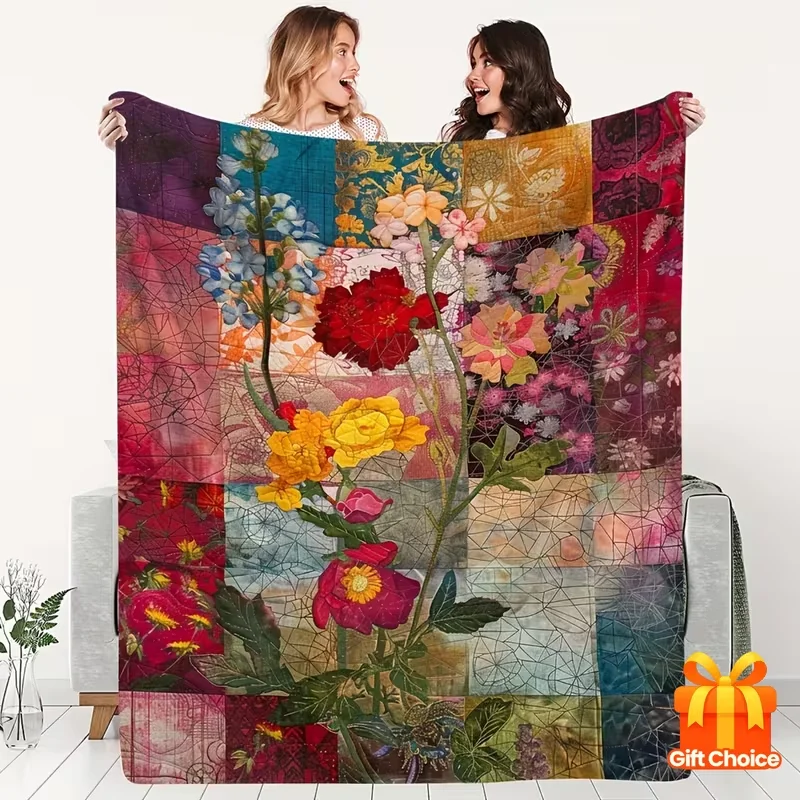 1 Daughter'S Soft Blanket With Floral Patchwork, Country Cottage Style Flannel Blanket, Cozy Gift Blanket Home Decoration