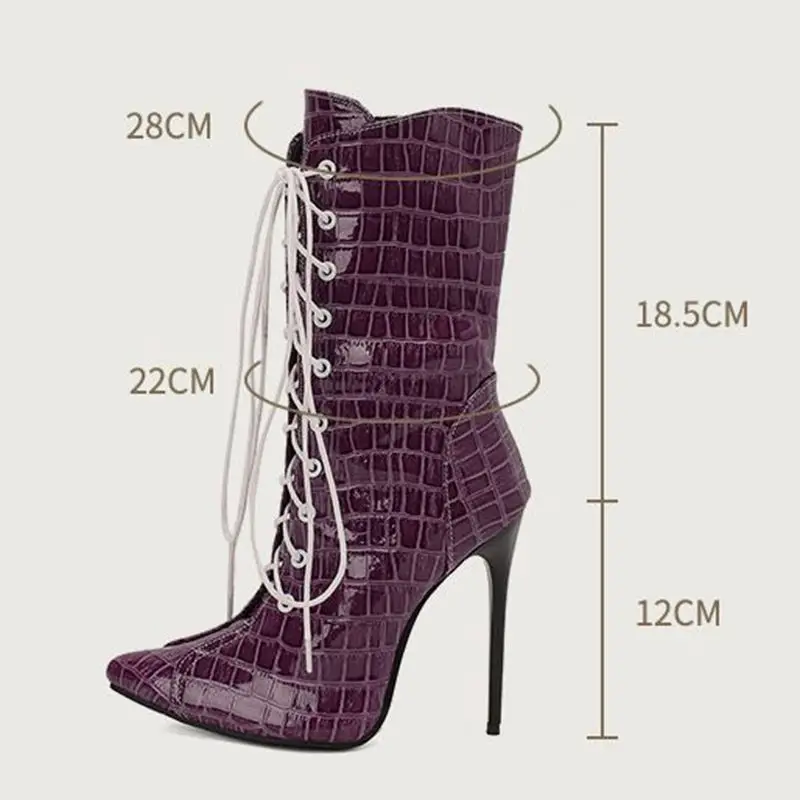 ASILETO Fashion Female Mid Calf Boots Plaid Pointed Toe Stiletto 12cm Zipper Lace Up Plus Size 46 47 48 Sexy Party Dating Bota