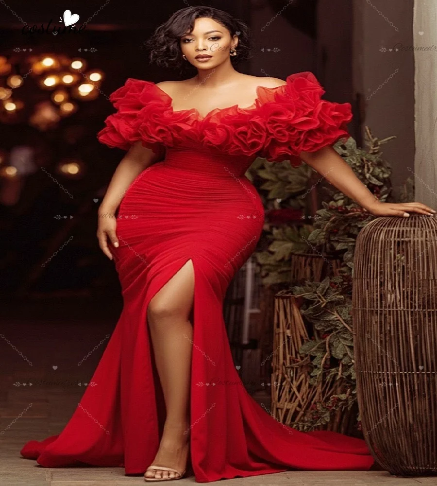 Elegante abito da sera a sirena rossa 2026 Abito da ballo africano taglie forti per ragazze nere Festa formale per occasioni di compleanno con spacco sexy