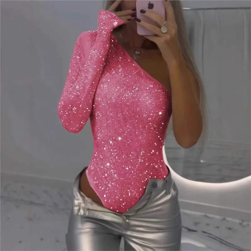 Body damskie z cekinami na jedno ramię Seksowne, brokatowe, asymetryczne body na jedno ramię z cekinami i kryształkami — zdjęcie 5