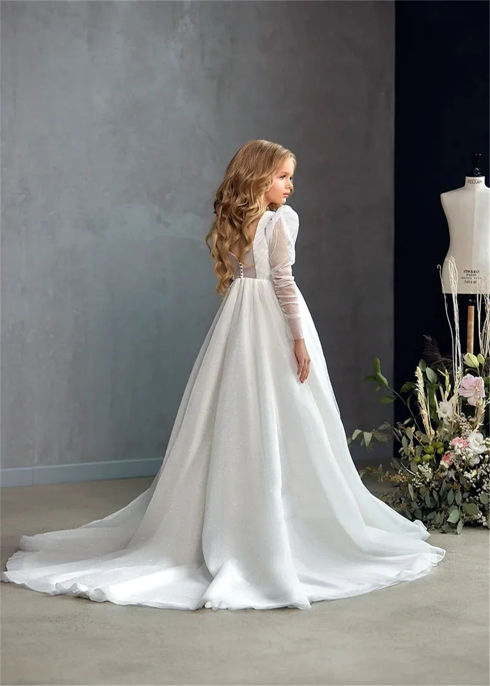 Sanctity WHITE Flower Girl Dresses For Wedding Tulle Long Sleeve Shiny Kids Birthday Gift Party First Communion Ball Gowns