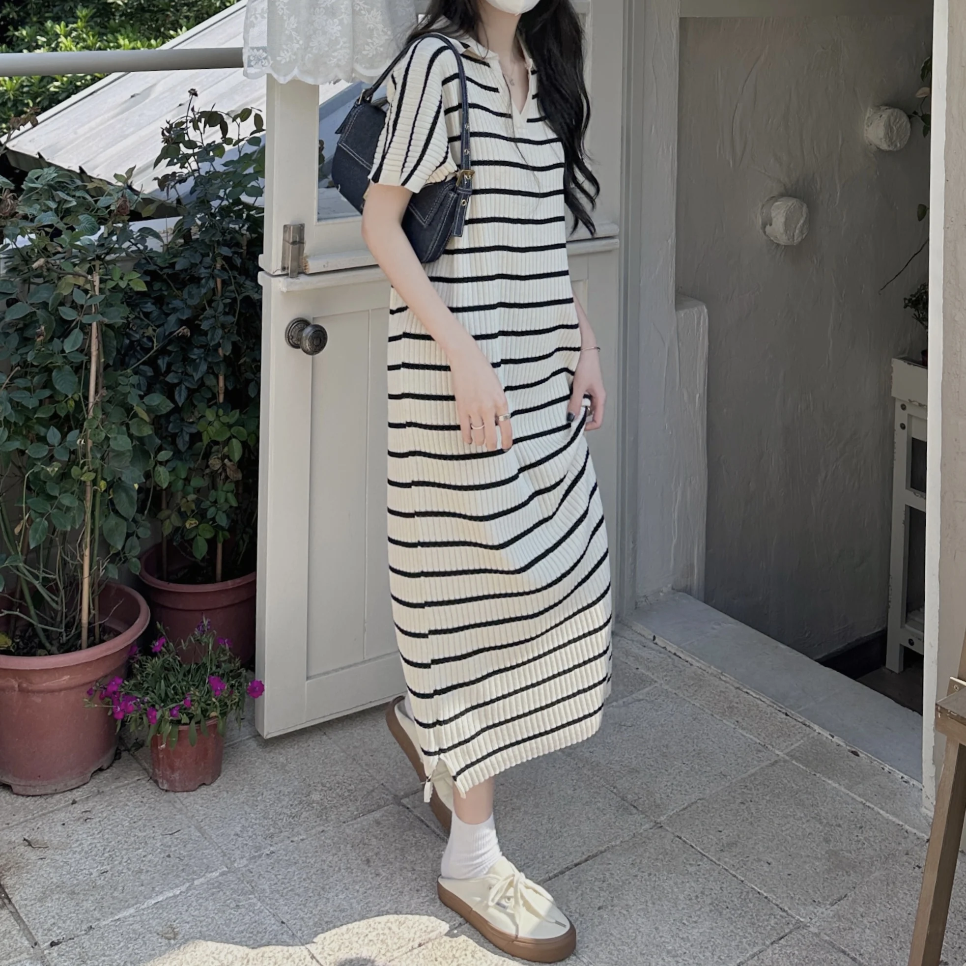 2024 Loose Striped T Shirt Dress Women Korean Casual Midi Simple Casual Korean Short Sleeve Hollow Cotton Dress