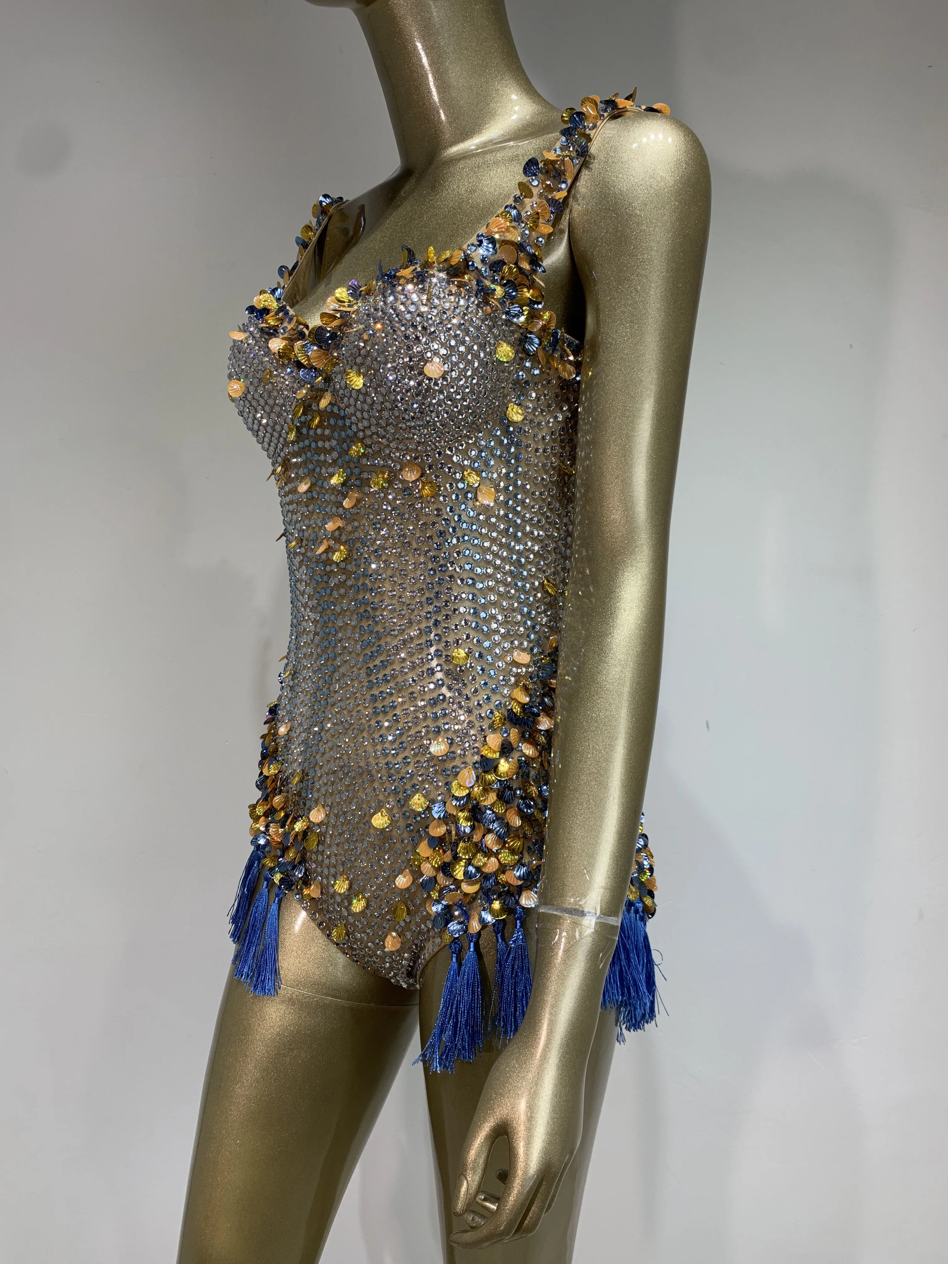 Women Sexy Sparkly Blue Rhinestones Sequins Bodysuit Performance Costume Nightclub Evening Party Singer Dancer Stage Wear