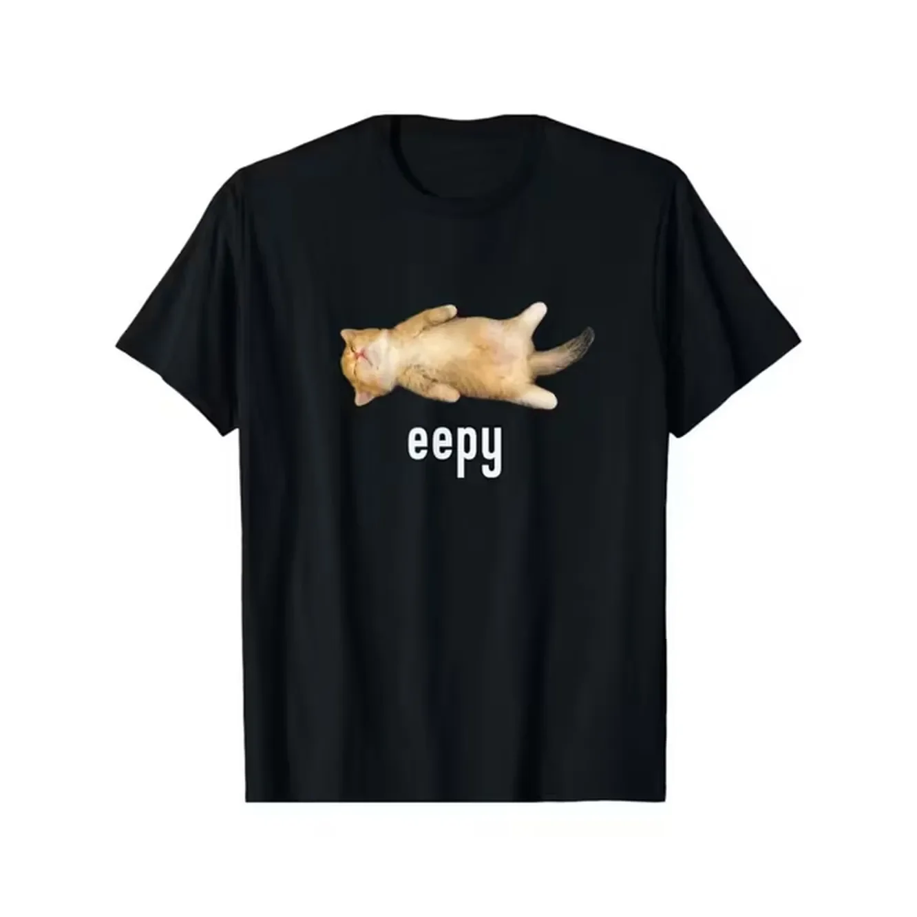 Mens Casual T Shirt Vibrant Cat Print Comfortable And Breathable Summer Essential Black Eepy Design Loose Fit Machine Washable