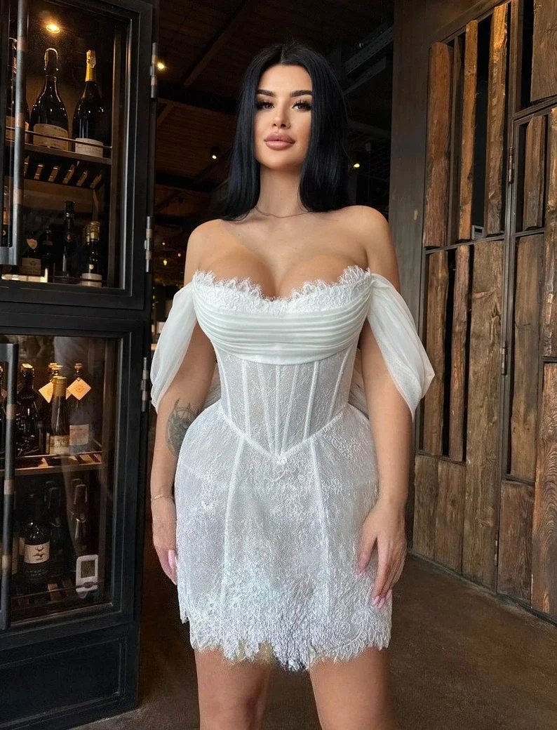 ชุดแต่งงานคอร์เซ็ทปิดไหล่ ชุดเดรสปาร์ตี้ค็อกเทล ชุดบอลกาวน์ลูกไม้ ชุดแต่งงานสั้น ชุดแต่งงาน