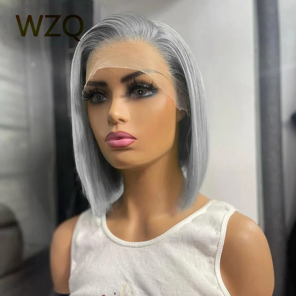

Transparent 13x4 HD Lace Frontal Wigs Grey Straight Short Bob 180 Density Wear And Go Brazilian Colored Human Hair Wig For Women