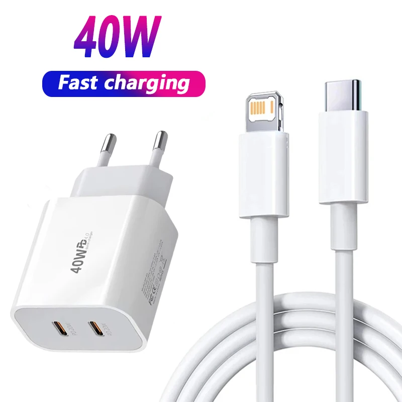 40W PD Fast Charging USB C Charger For iPhone 16 15 14 8 7 Plus 13 12 11 Pro XS Max XR XS X USB Type C Charger Cable Accessories