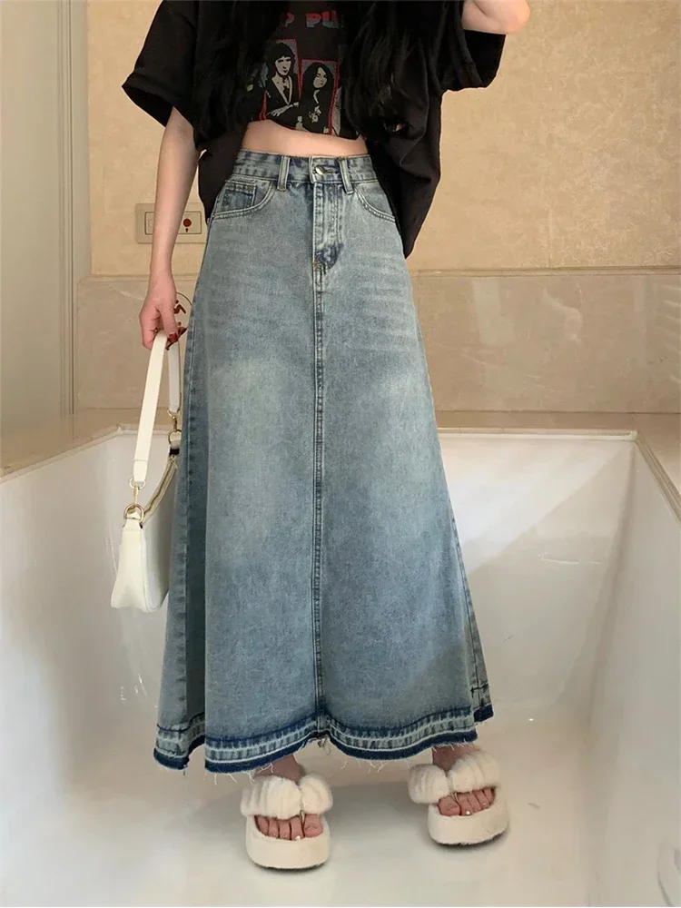 

Ankle Length Maxi Denim Skirt for Women New Fashion Elegant Contrast Tassel A Line High Waist Long Jeans Female Z573