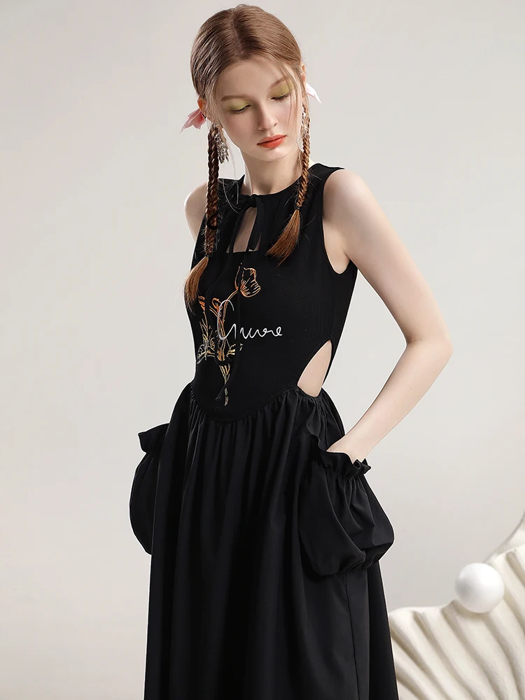 Designer Model Senior Black Sweet Cool Dresses Women 2024 Summer New ricamo Sexy Hollow-out Cinched abito lungo senza maniche