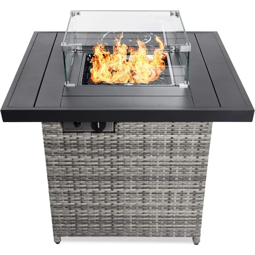 

32in Fire Pit Table 50,000 BTU Outdoor Wicker Patio Propane Gas W/Glass Wind Guard, Aluminum Tabletop