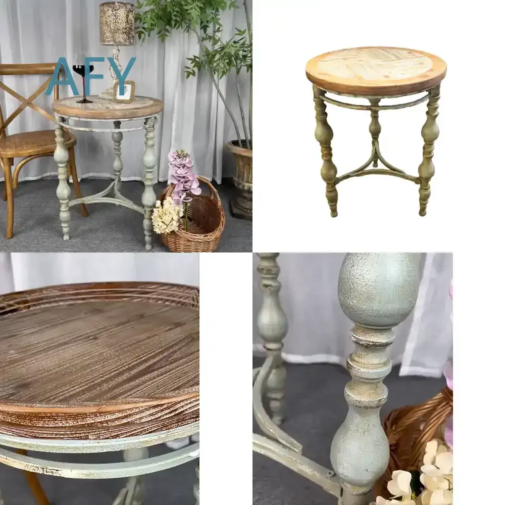 Rustic Round Side Table for Reclaimed Wood Top Distressed Iron Legs Farmhouse Vintage Style Living Room Bedroom Decor 21 x 28
