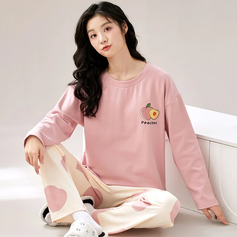 Autumn Spring Women Cotton Pajamas Set Printing Sleepwear for Girl Fashion Long Sleeve O-neck Cute Sweet Pajamas
