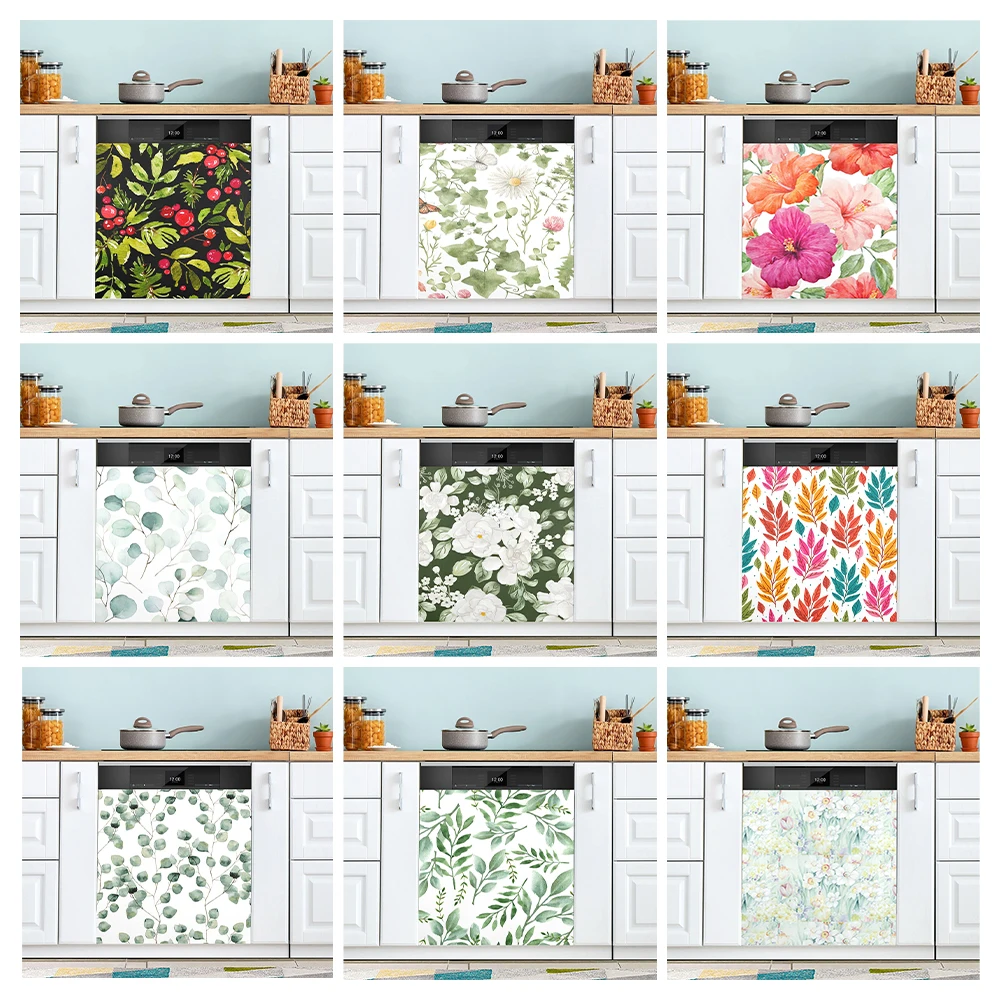 

Watercolor Flower Plant Leaves Printed Dishwasher Sticker Wallpaper Kitchen Waterproof Washing Machine Cabinet Panel Art Decals