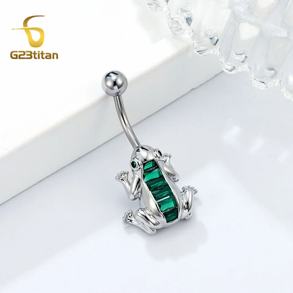 Japan Lucky Accessory Green Zircon Kaeru Frog Belly Button Ring Gold Silver Color Body Jewelry 14G Titanium Piercing Accessories