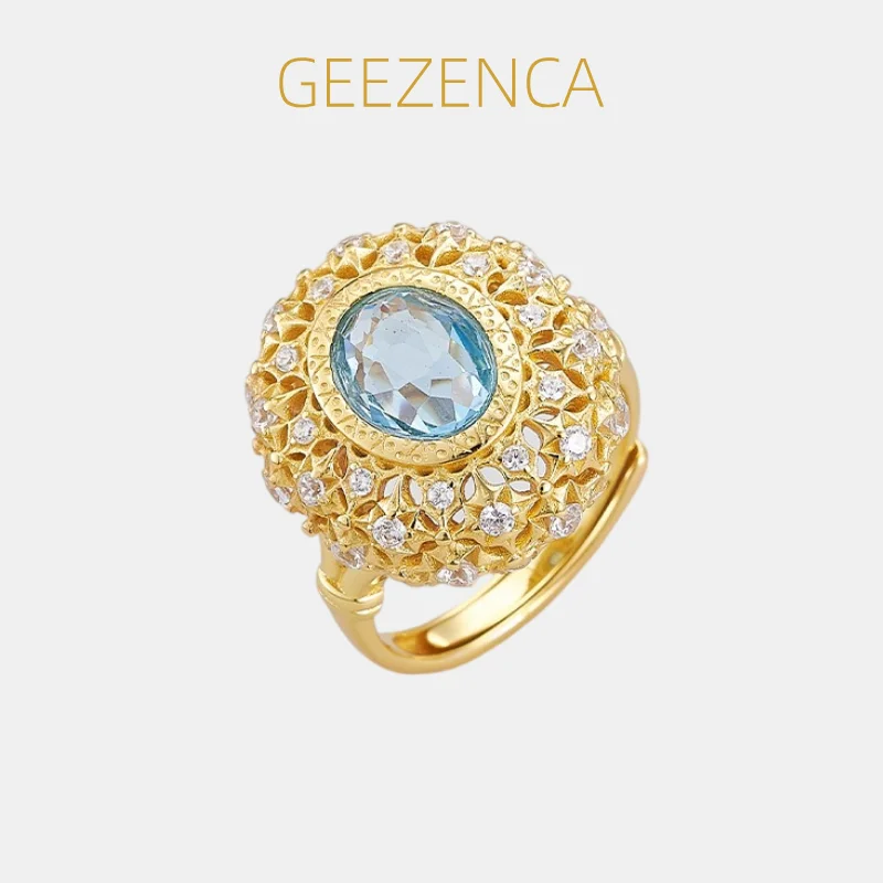 

GEEZENCA Blue Topaz S925 Silver 18K Gold Cubic Zirconia Open Ring Women Oval Large Surface Hollow Statement Rings Luxury Gift