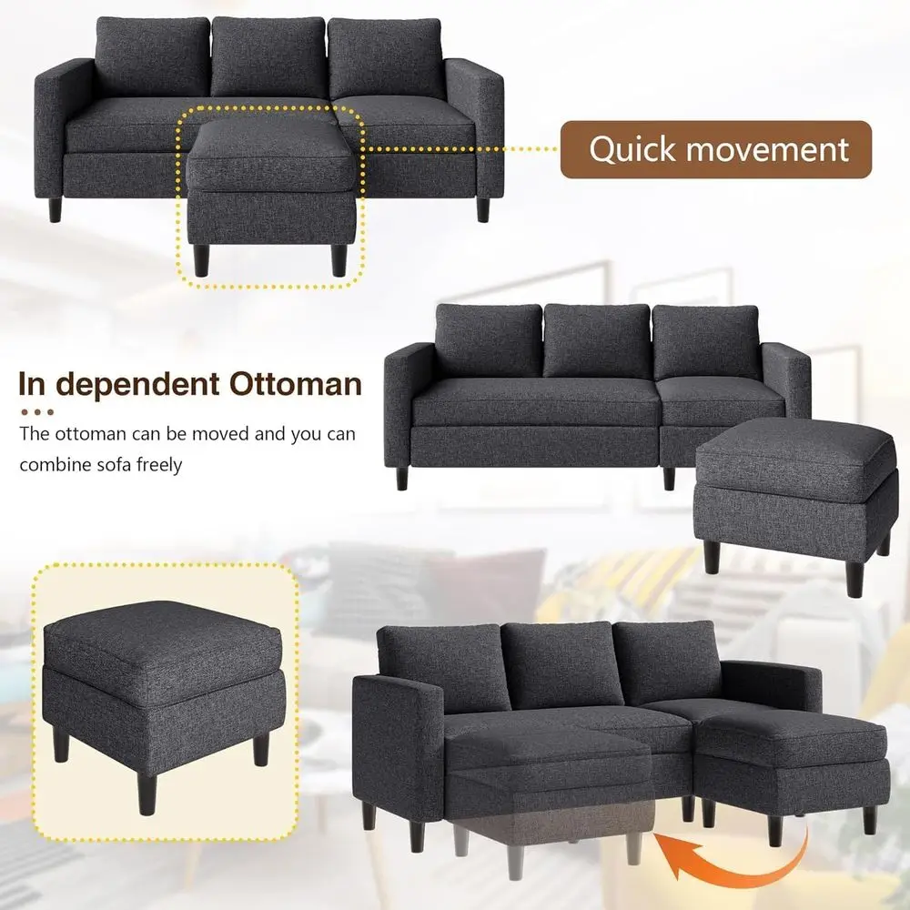 Canapé sectionnel 3 places en forme de L 73,6 avec tissu en lin et pouf, idéal pour les petits espaces, les salons et les bureaux, noir