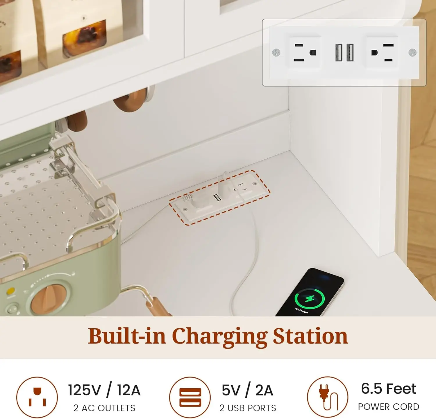 Высокий кухонный шкаф для кладовой 73,7 дюйма со шкивом, подставкой для микроволновой печи и винными полками, стеклянными дверцами, ящиками для хранения в гостиной (4 Doo