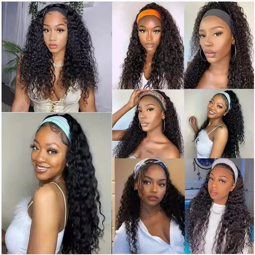 Deep Wave Curly Human Hair Wig Full Machine Made Half Wig Headband Wigs Curly Half Wigs Human Hair For Woman on Clearance Sale image 6
