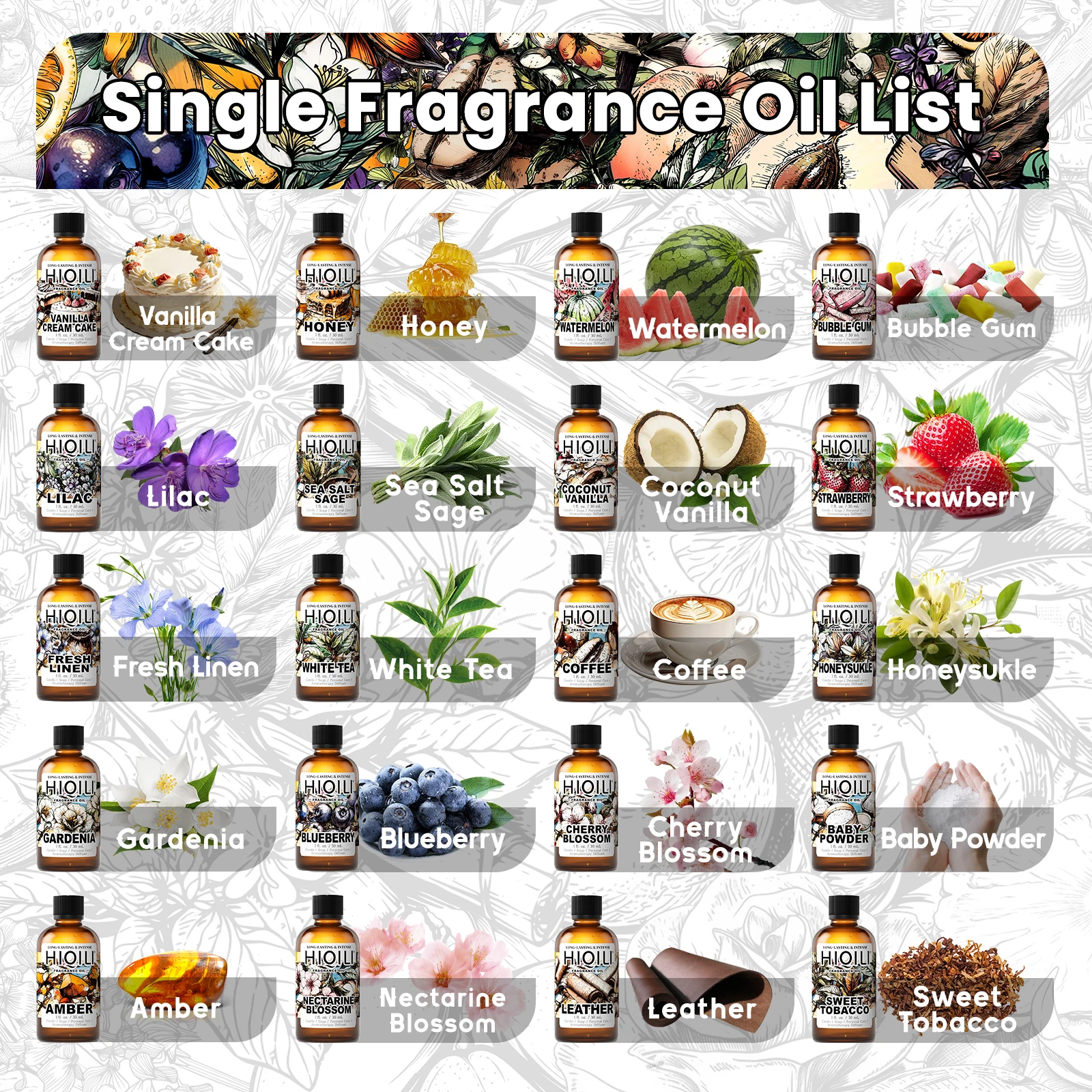 

HIQILI New 30ml Perfume Oil Series, White Tea/Rose/Vanilla/Orange Blossom/Chamomile, For Humidifier/Diffuser, DIY Candle