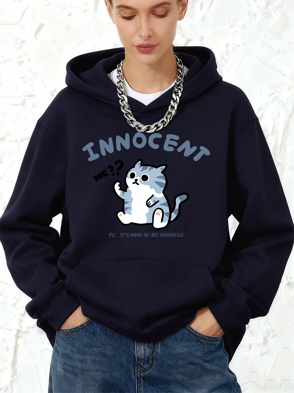 เสื้อฮู้ดลายแมว ไม่ใช่เรื่องของฉัน ผลิตจากผ้าฝ้าย สำหรับผู้หญิง ใส่เล่นกีฬา มีกระเป๋า เสื้อทรงหลวม สไตล์สปอร์ต เสื้อสเวตเชิ้ตผ้าฟลีซ อุ่นสบายสำหรับฤดูหนาว
