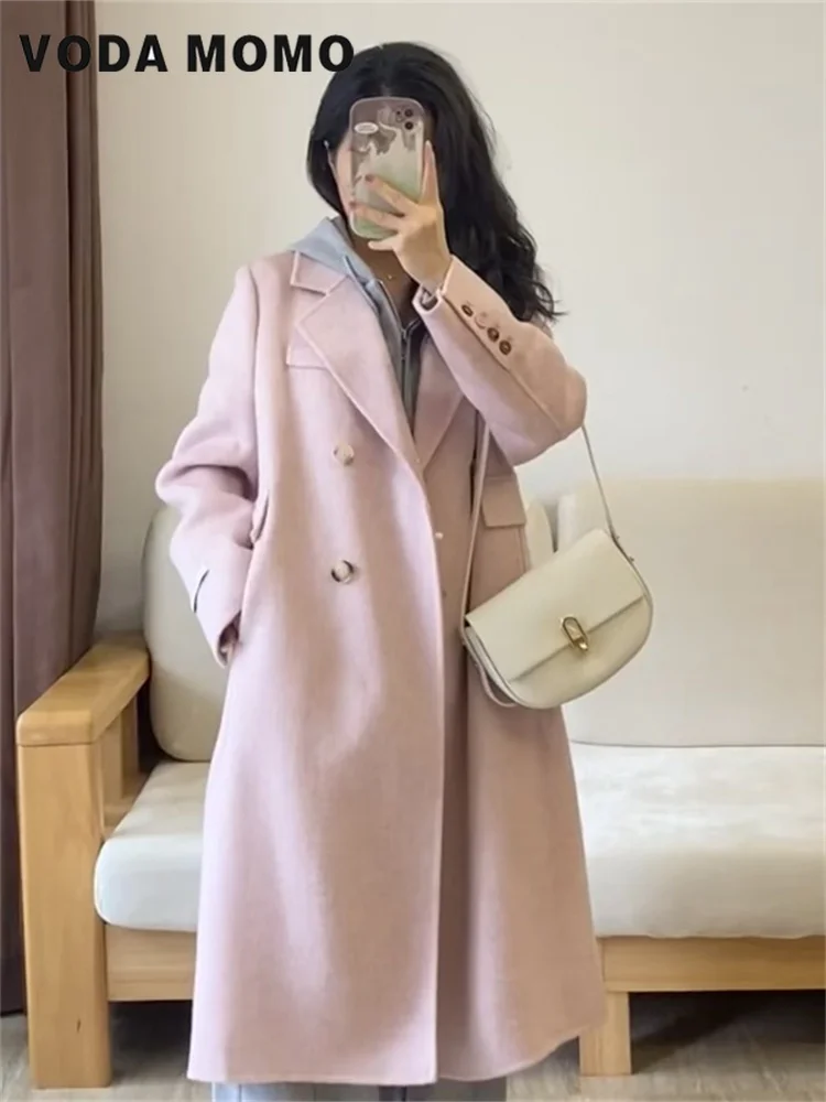 Korean Academic style Long Woolen Jacket Female Autumn Winter 2024 New Fashion Solid Color Mid Length Version Woolen Coat Women