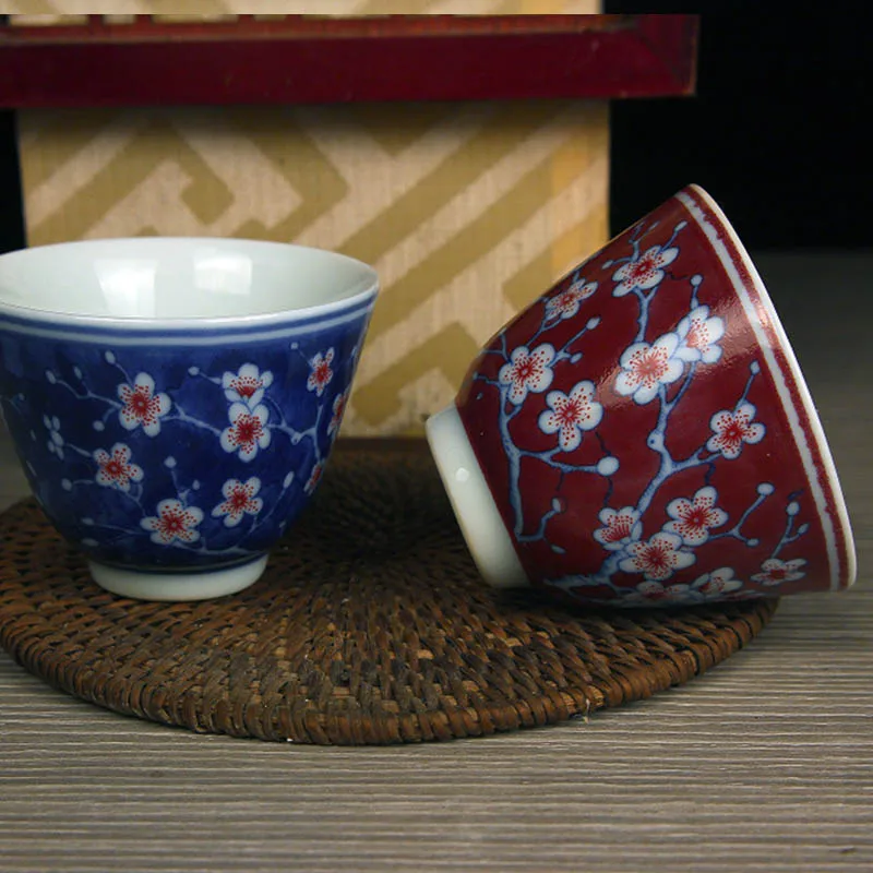 Jingdezhen Blue and White Porcelain Cup - Red Plum Blossom Pattern Tea Mug, Chinese Folk Art Collection