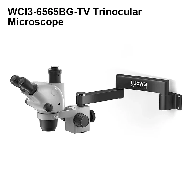 LUOWEI WCI3-6565BG-TV WCI3 6.5-65x Triocular Microscope with Wall-mounted Mount Swing Arm Dust Mirror for Phone PCB Welding