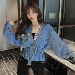 Women Jacket 2022 Spring Autumn Korean Chic Female All-Match V-Neck Retro Beaded Diamond Design Loose Short Denim Coats