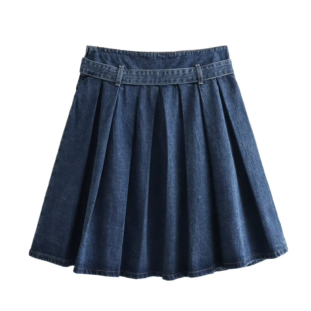 Kar&Otza 2024 Summer New Women\'s Fashion Style Wide pleats Versatile Casual Metal Buckle Belt Decoration Denim Skirt Half Skirt