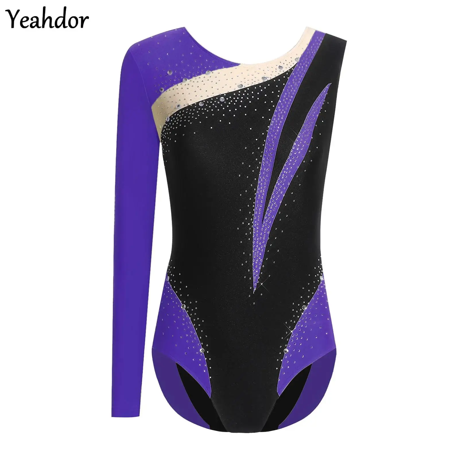 

Womens Glittery Ballet Leotard One Shoulder Color Block Asymmetrical Workout Bodysuit Gymnastic Artistic Figure Skating Jumpsuit