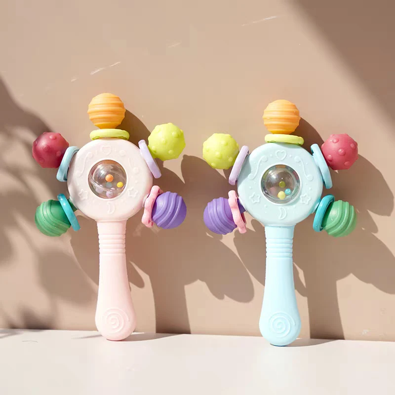 Giocattoli per lo sviluppo del massaggiagengive in silicone per bambini 0 6 12 mesi Dentizione con sonaglio sensoriale per giocattoli con impugnatura per bambini Giochi educativi