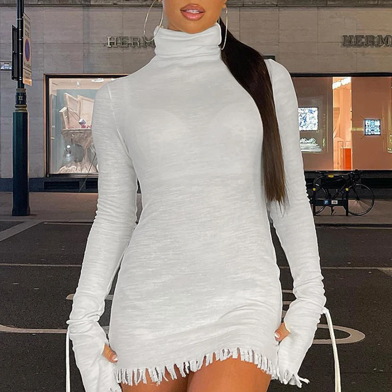 

OMSJ Sexy Fragmented Edge Tassels Hem Short Dress Turtleneck Solid White Long Sleeves Lace-up Party Casual Bodycon Short Dresses