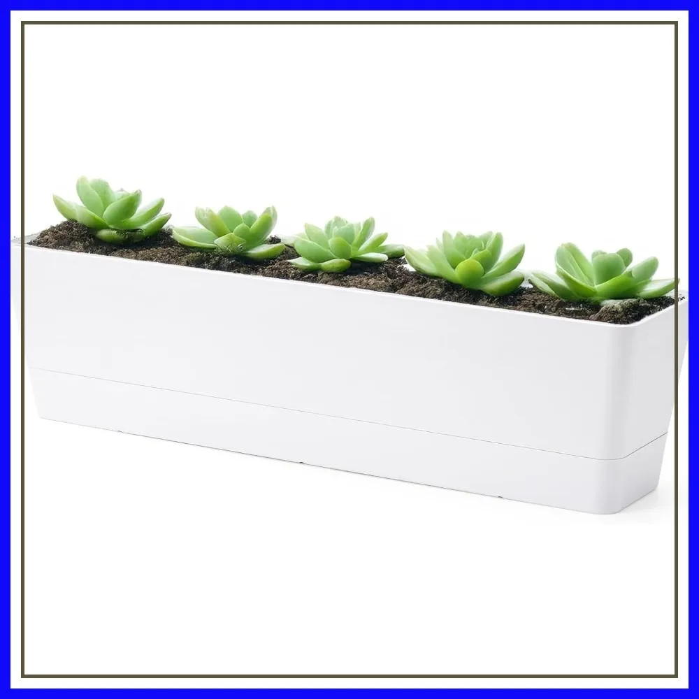 

16x3.8 Inch Window Box Planter with Tray, Plastic Rectangle Pot for Succulents, Herbs, Flowers, Indoor Outdoor Use