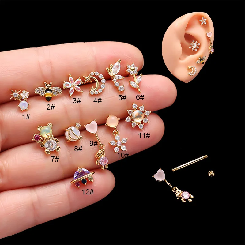 1PC 20G Stainless Steel CZ Dangle Cartilage Earrings Piercing Jewelry Cute Bee Bear Conch Tragus Snug Screw Back Stud Earring