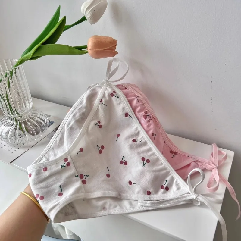 Lolita Sweet Cherry Pattern Cotton Panties Women Sexy White Pink Lace Up Strap Underwear Soft Low Waist Briefs Anime Maid Thongs