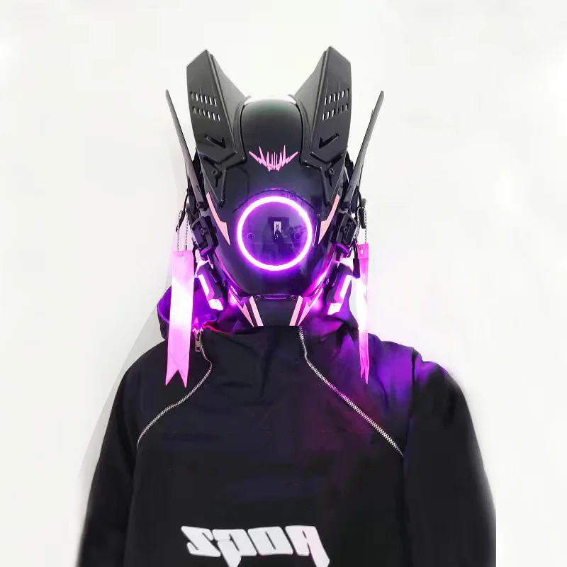 Cyber Punk Mask With Light Techno Sense Round Lighting Wing Braid Boys Men Cool Helmet Halloween Cosplay Costume Acc